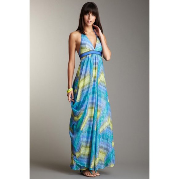 BCBGMaxAzria Silk Metallic Maxi Halter Dress New 10 - Picture 1 of 12